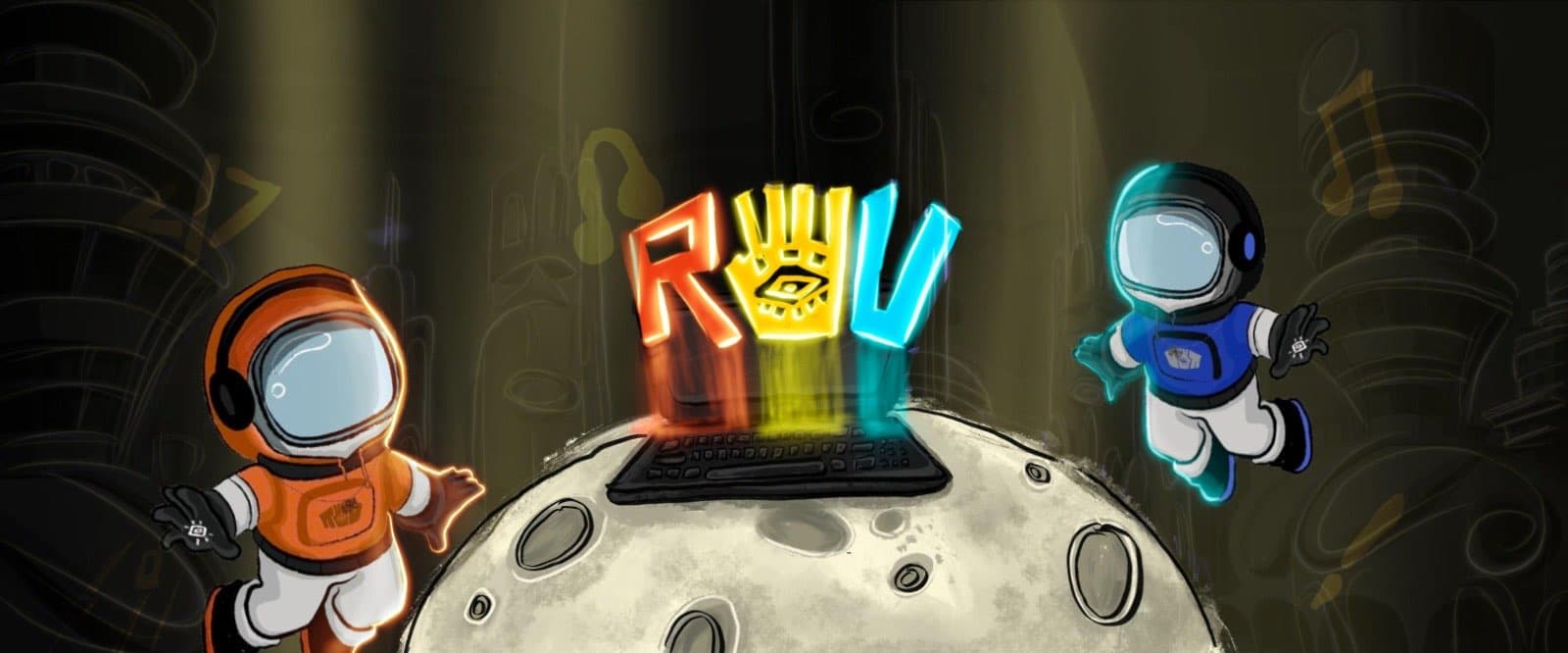 ROV Studios — astronauts around a glowing ROV logo on the moon