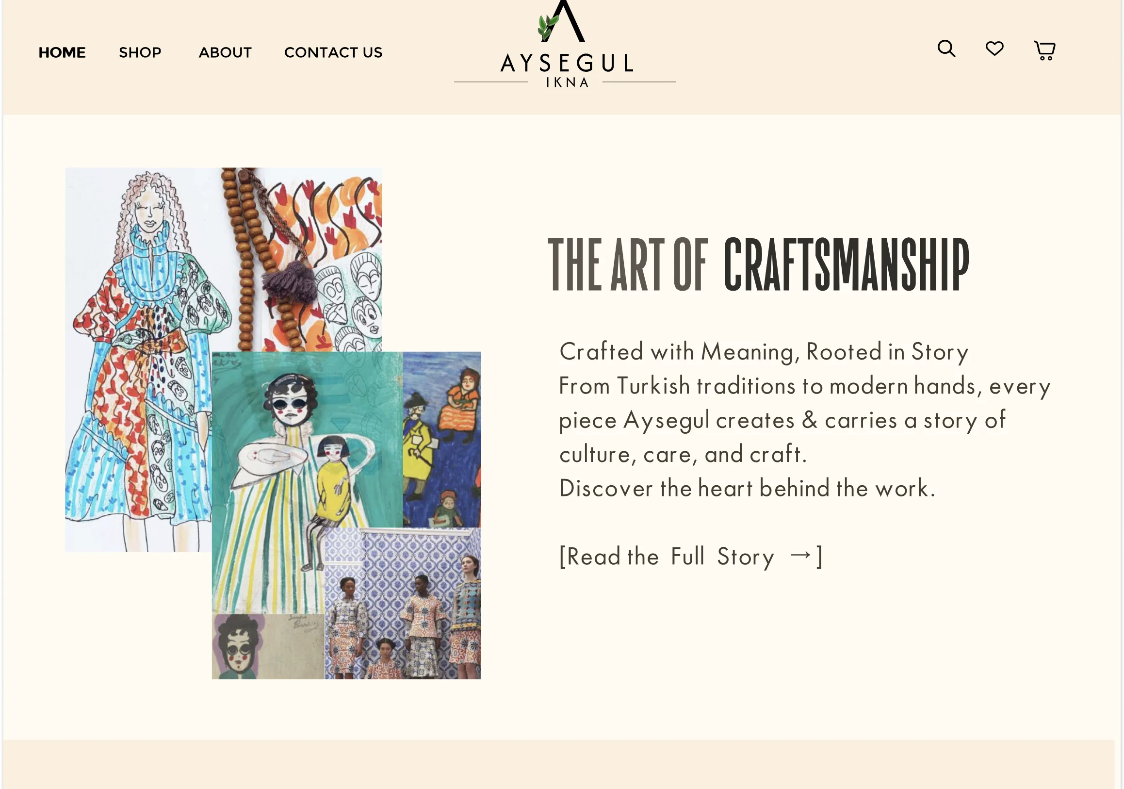 Ayşegül Ikna design frame: The Art of Craftsmanship, with her illustrations beside the story copy
